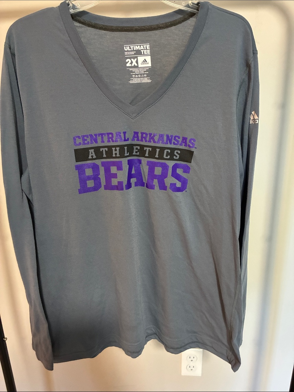 adidas Gray Long-Sleeve V-Neck Tee with Purple Bears Graphic